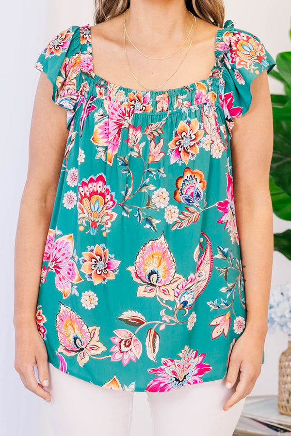 Chic Soul plus size clothing, teal floral print top with flutter sleeves and square neckline