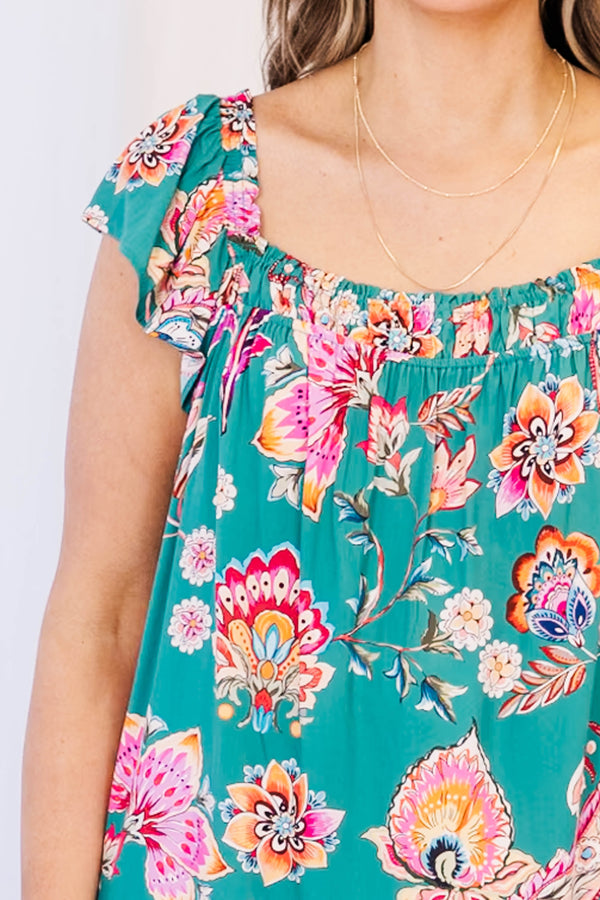 Chic Soul plus size clothing, teal floral print top with flutter sleeves and square neckline
