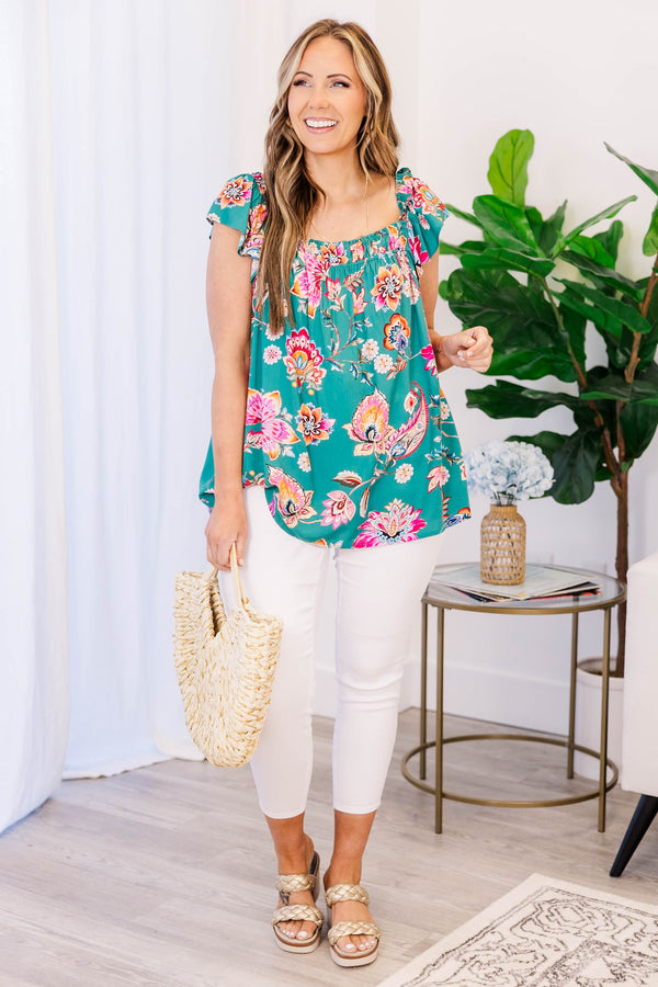 Chic Soul plus size clothing, teal floral print top with flutter sleeves and square neckline