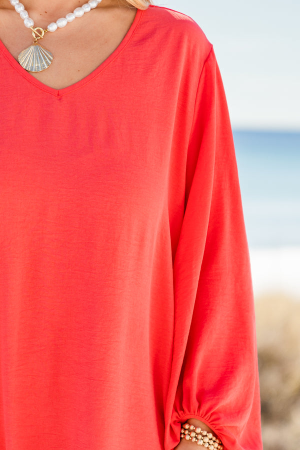 Chic Soul Plus size clothing, Solid coral dress with long bubble sleeves 