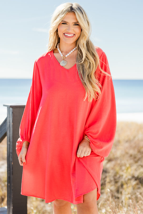 Chic Soul Plus size clothing, Solid coral dress with long bubble sleeves 
