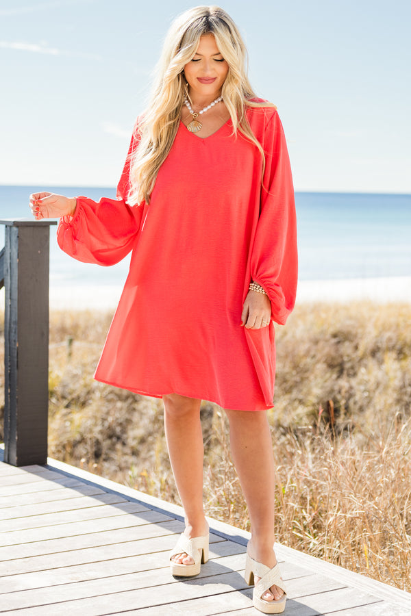 Chic Soul Plus size clothing, Solid coral dress with long bubble sleeves 