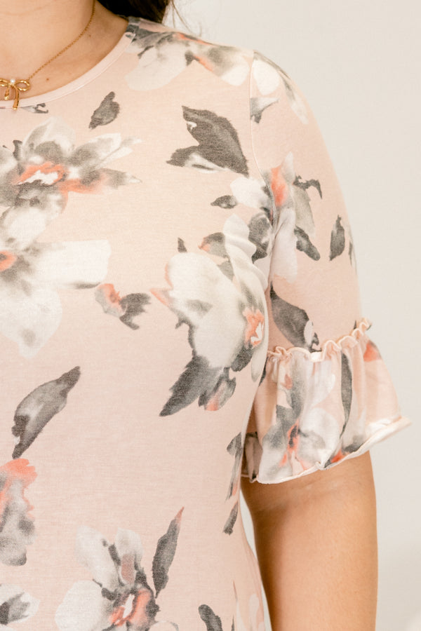 Chic Soul plus sizing clothing, floral pink short sleeve dress with drop waist