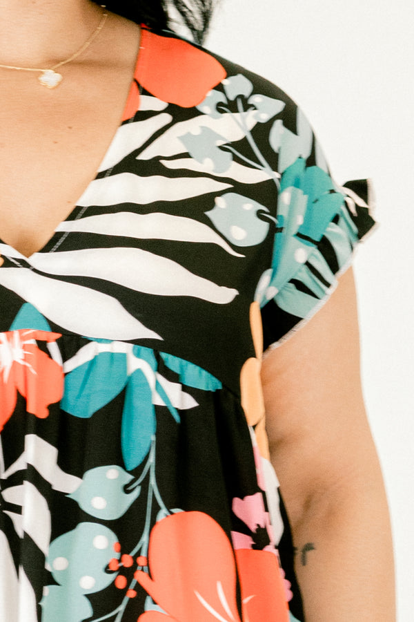 Chic Soul plus size clothing, black flutter sleeve casual v-neck dress with orange and turquoise floral pattern