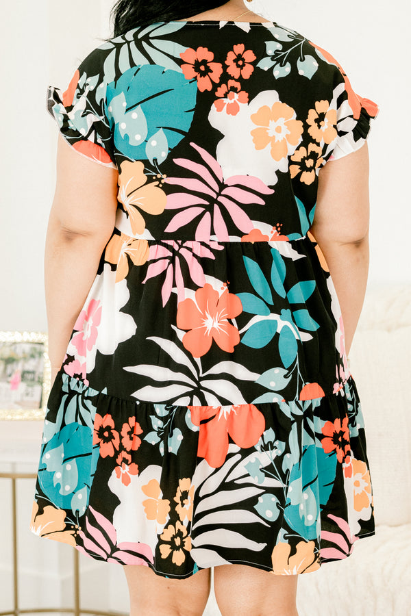 Chic Soul plus size clothing, black flutter sleeve casual v-neck dress with orange and turquoise floral pattern