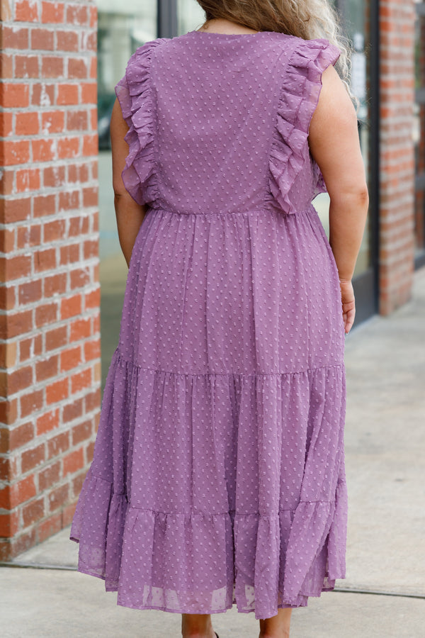 Chic Soul plus size clothing, purple swiss dotted tiered flowy midi dress with ruffle details