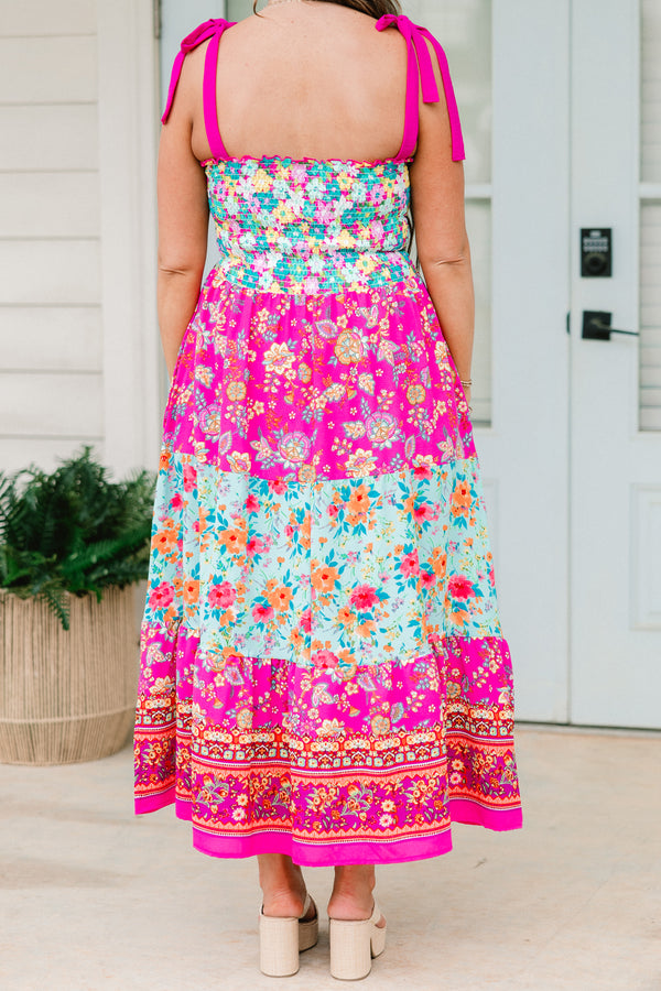 Chic Soul plus size clothing, fuchsia sleeveless tiered midi dress with pink tie straps with square neckline with blue floral print on top and third tier with pink floral print on second and bottom tier