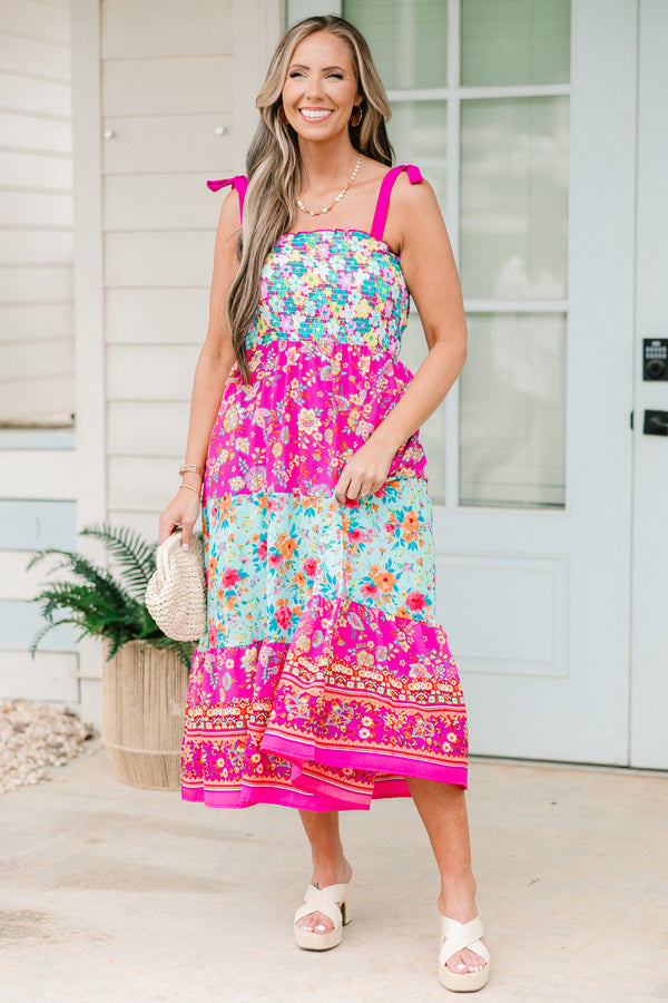 Chic Soul plus size clothing, fuchsia sleeveless tiered midi dress with pink tie straps with square neckline with blue floral print on top and third tier with pink floral print on second and bottom tier