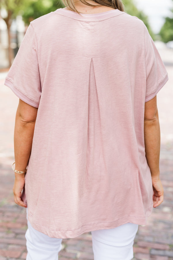 Chic Soul plus size clothing, solid rose colored short sleeve casual top with cuffs at the end of each sleeve 