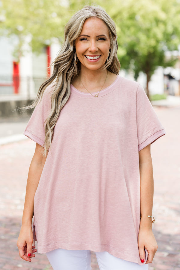 Chic Soul plus size clothing, solid rose colored short sleeve casual top with cuffs at the end of each sleeve 