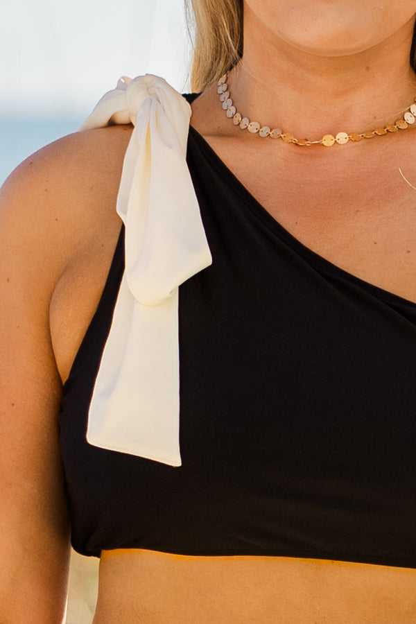 Chic Soul plus size clothing, black one shoulder swim top with white tie bow detail on he right shoulder 