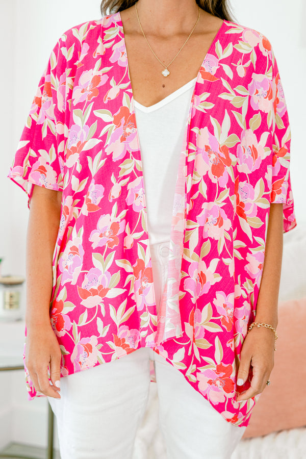 Chic Soul plus size clothing, pink floral short sleeve kimono