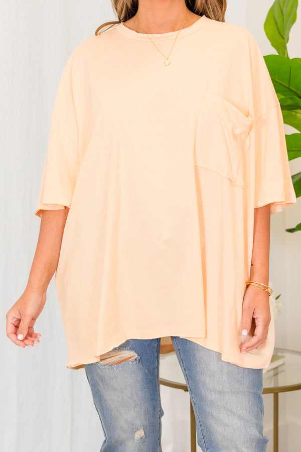 Chic Soul plus size clothing, cream peach short sleeve baggy tshirt with chest pocket