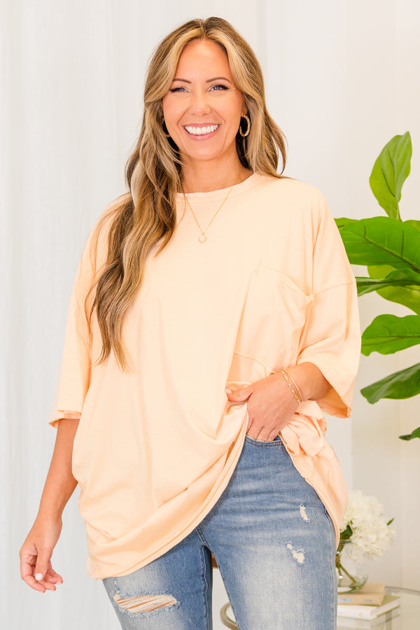 Chic Soul plus size clothing, cream peach short sleeve baggy tshirt with chest pocket
