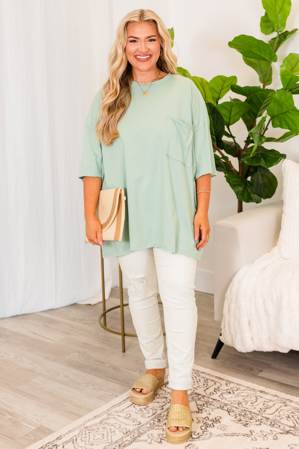 Chic Soul plus size clothing, light green short sleeve baggy tshirt with chest pocket