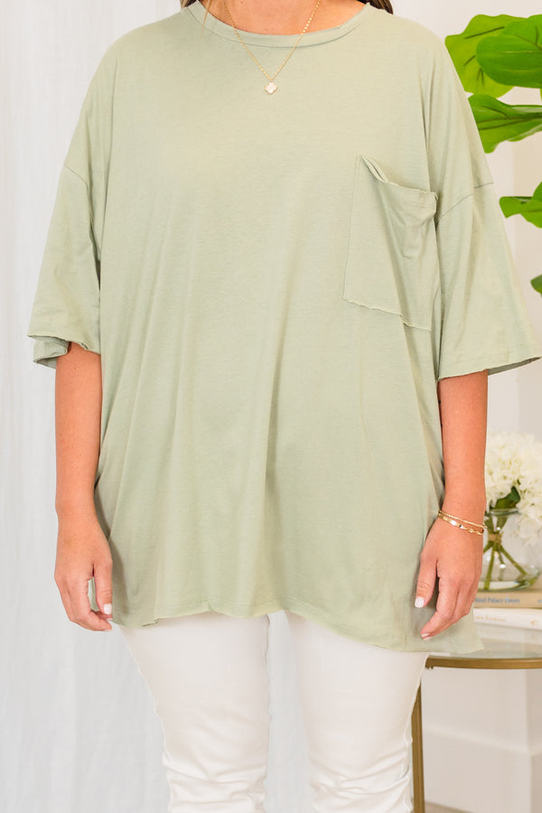 Chic Soul plus size clothing, light sage short sleeve baggy tshirt with chest pocket