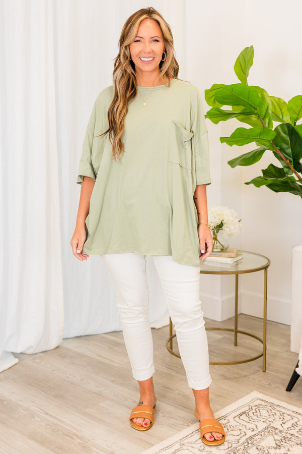 Chic Soul plus size clothing, light sage short sleeve baggy tshirt with chest pocket