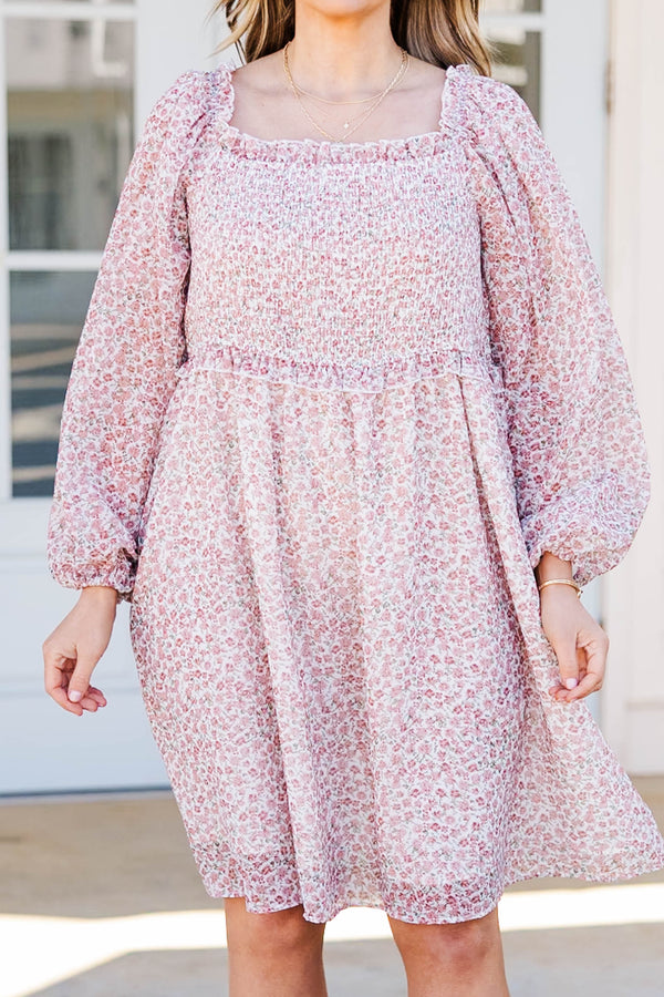 Chic Soul plus size clothing, rose floral print dress with long balloon sleeves and smocked top