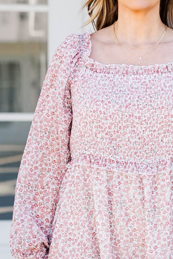 Chic Soul plus size clothing, rose floral print dress with long balloon sleeves and smocked top