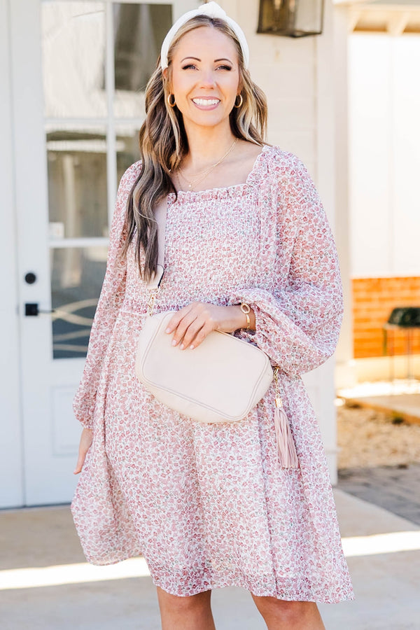 Chic Soul plus size clothing, rose floral print dress with long balloon sleeves and smocked top