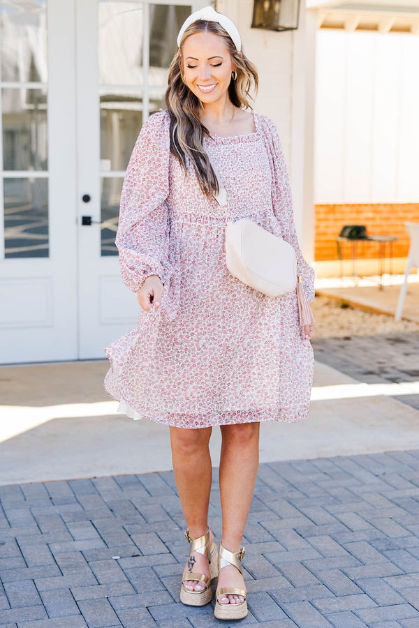 Chic Soul plus size clothing, rose floral print dress with long balloon sleeves and smocked top