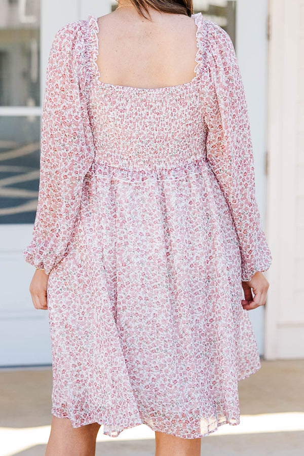 Chic Soul plus size clothing, rose floral print dress with long balloon sleeves and smocked top