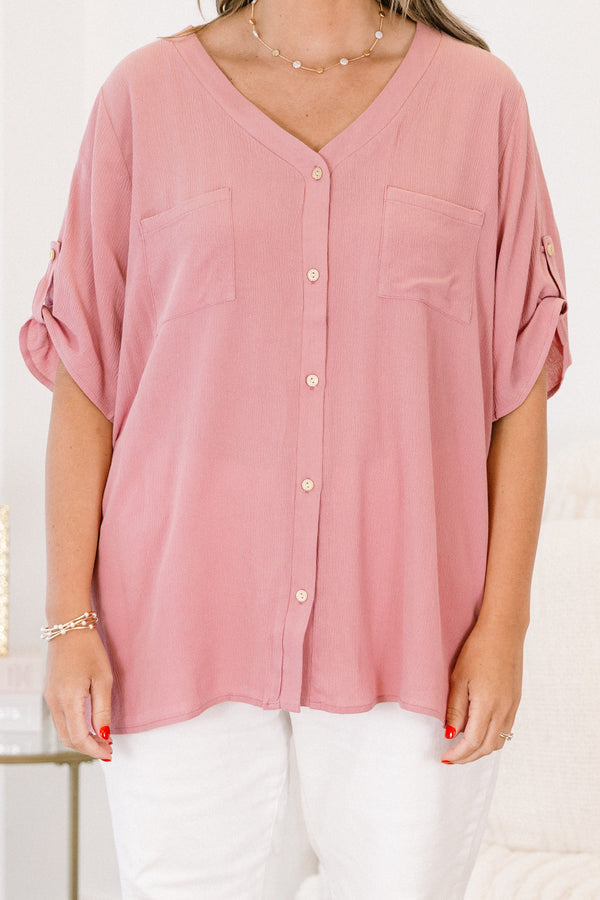 Chic Soul plus size clothing, mauve short sleeve button up top with v neckline and cuffed button sleeves