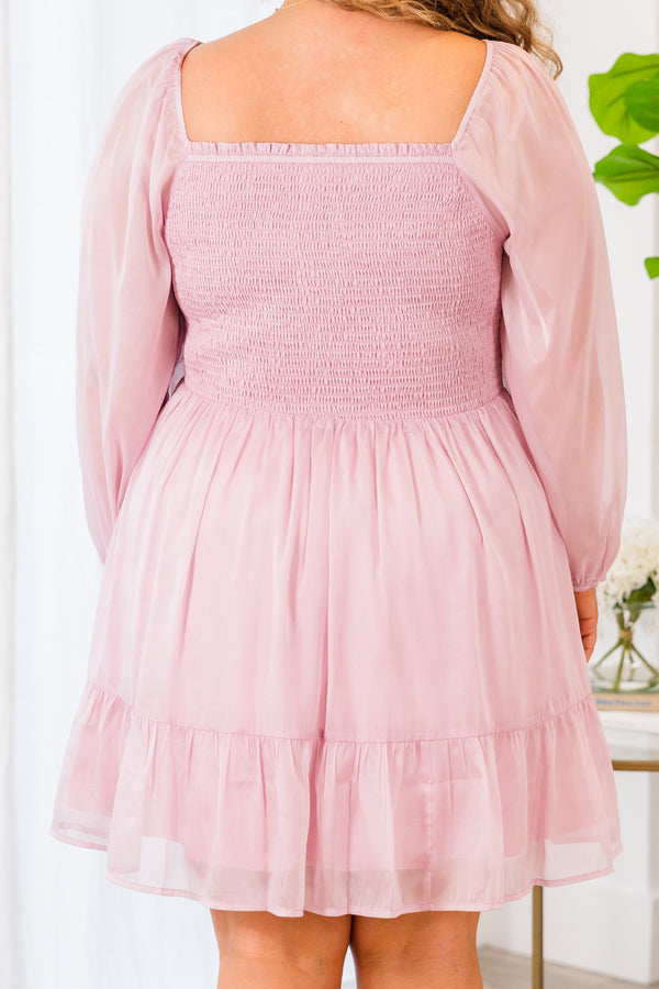 Chic Soul plus size clothing, long sleeve dusty pink ruffled dress with smocked bodice 