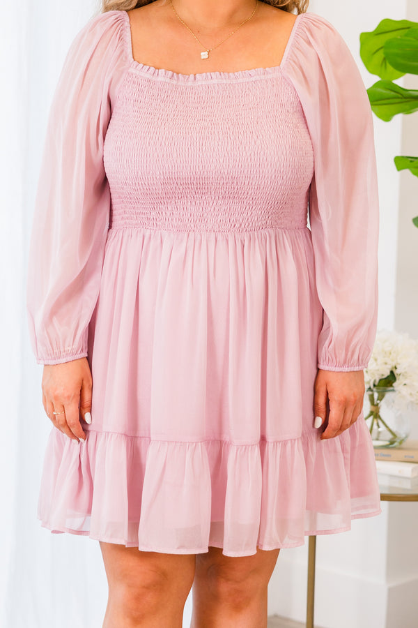 Chic Soul plus size clothing, long sleeve dusty pink ruffled dress with smocked bodice 