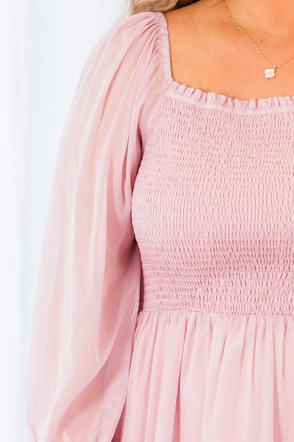 Chic Soul plus size clothing, long sleeve dusty pink ruffled dress with smocked bodice 