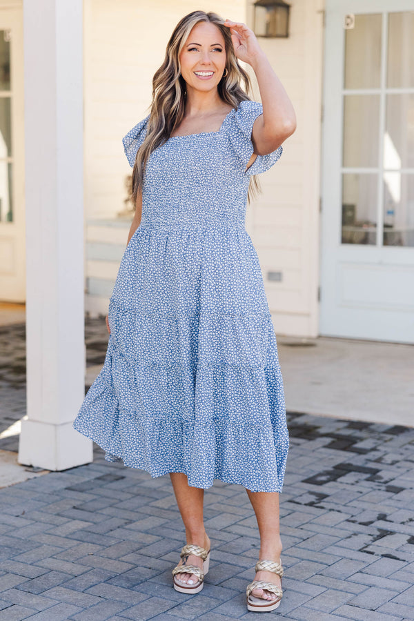 Chic Soul plus size clothing, blue midi dress with white floral design with square neckline and ruffle sleeves