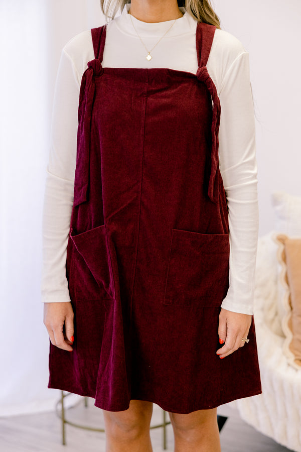 Chic Soul plus size clothing, dark red short sleeveless dress with straps that tie as knots on the shoulders and 2 pockets on the front 