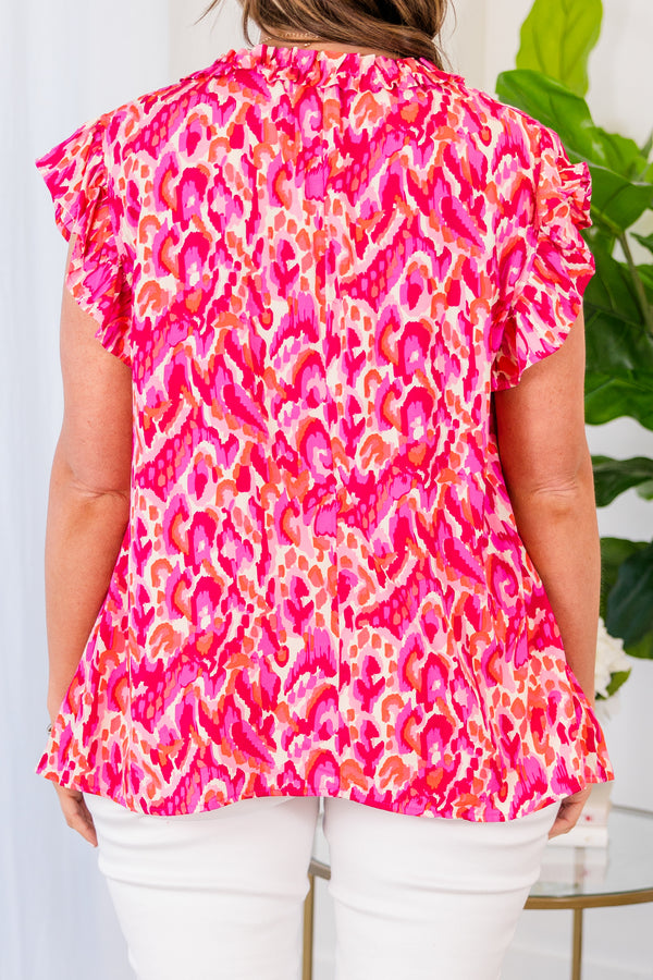 Chic Soul plus size clothing, short sleeve magenta top with flutter sleeves and v neckline with tie detail and aztec print