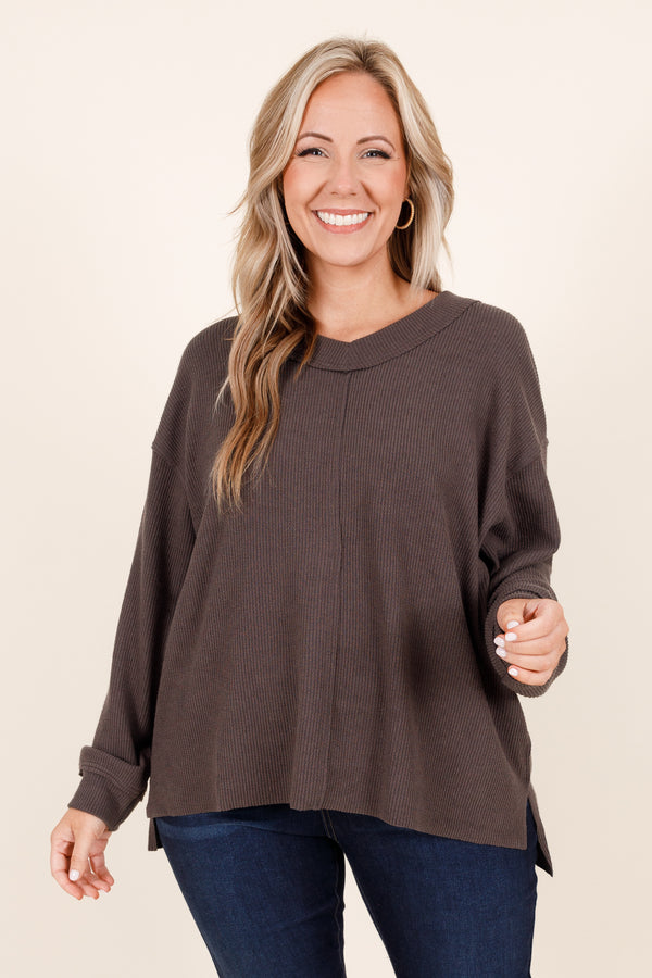 Chic Soul plus size clothing, charcoal textured pullover with a seam neckline