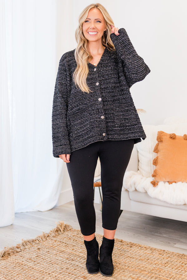 Chic Soul plus size clothing, long-sleeve black wool cardigan with silver button details and pockets with abstract striped pattern