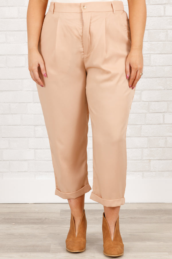 Chic Soul plus size clothing, beige ankle length pants with pleated pattern and cuffed hems
