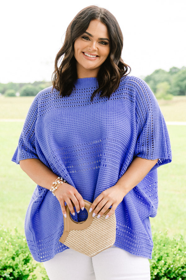 Chic Soul plus size clothing, blue short sleeve thin sweater top