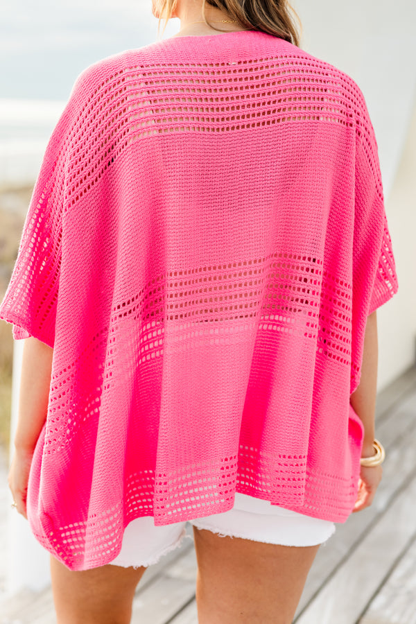 Chic Soul plus size clothing, short-sleeve hot pink crochet knit sweater with a scoop-neckline