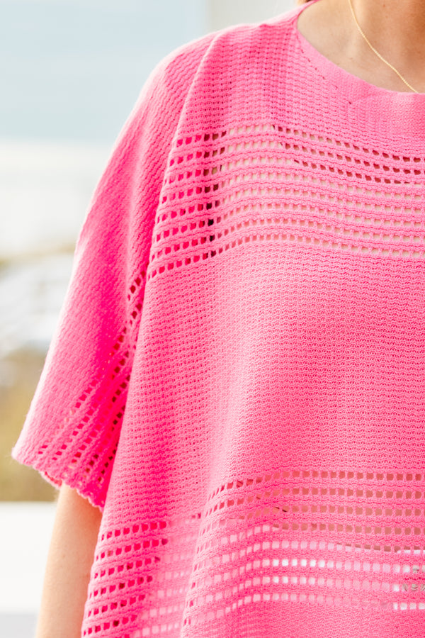 Chic Soul plus size clothing, short-sleeve hot pink crochet knit sweater with a scoop-neckline
