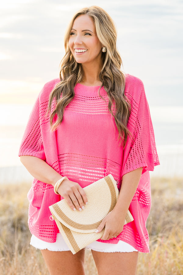 Chic Soul plus size clothing, short-sleeve hot pink crochet knit sweater with a scoop-neckline