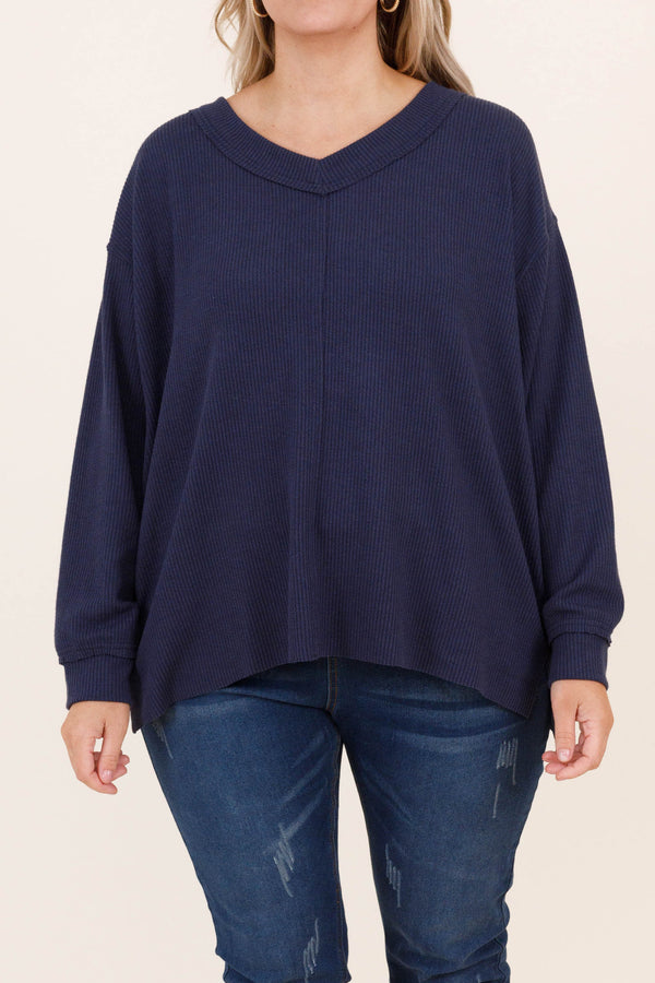 Chic Soul plus size clothing, navy colored textured pullover with a slight v neck
