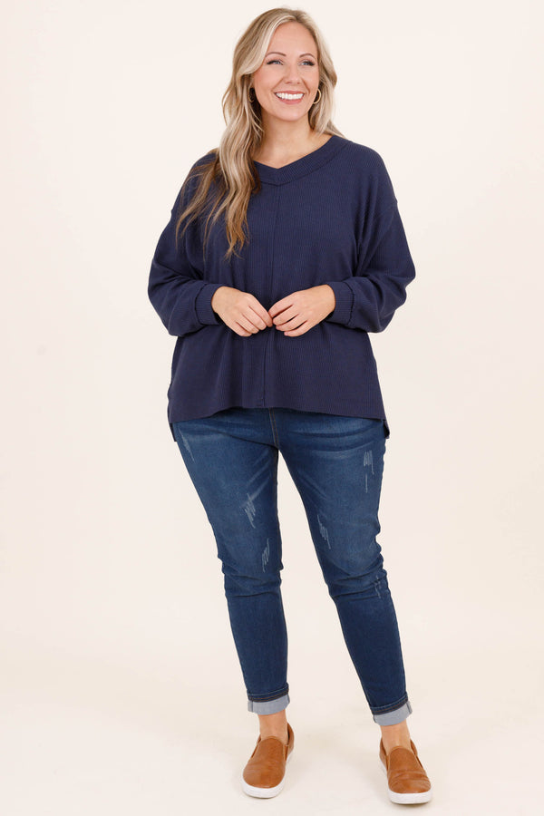 Chic Soul plus size clothing, navy colored textured pullover with a slight v neck