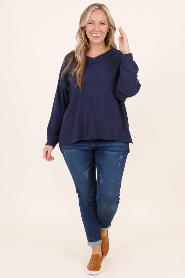 Chic Soul plus size clothing, navy colored textured pullover with a slight v neck