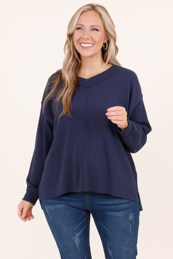 Chic Soul plus size clothing, navy colored textured pullover with a slight v neck