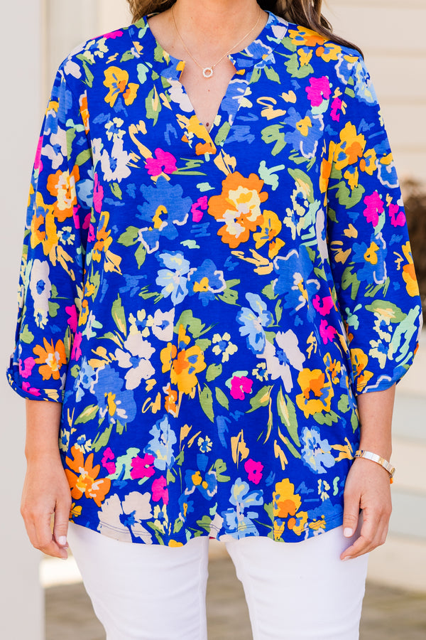Chic Soul plus size clothing, three quarter sleeve royal blue top with multi floral design with v cutout along neckline