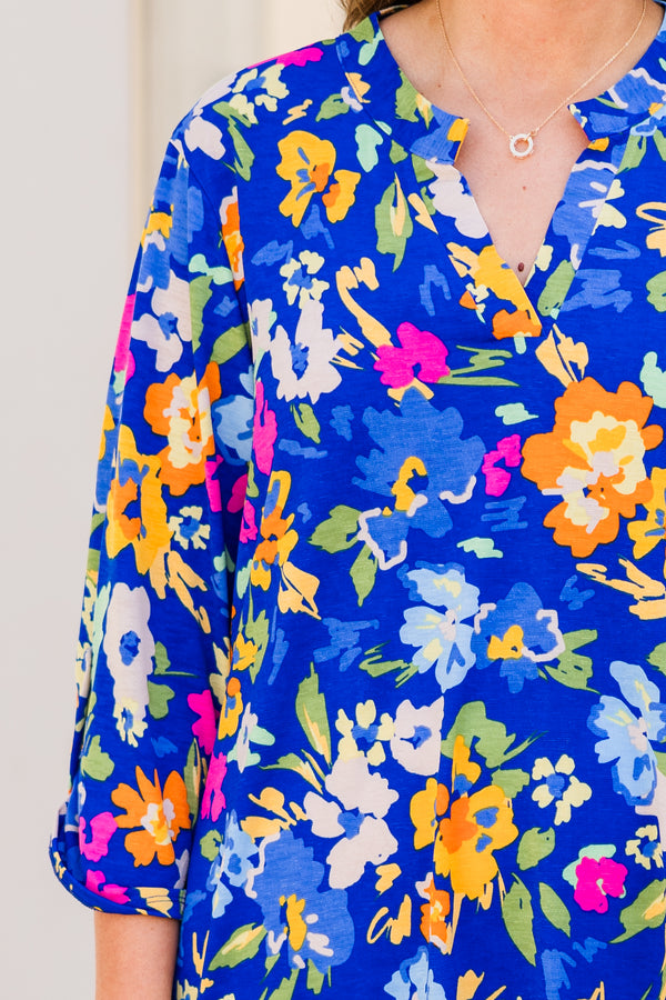 Chic Soul plus size clothing, three quarter sleeve royal blue top with multi floral design with v cutout along neckline