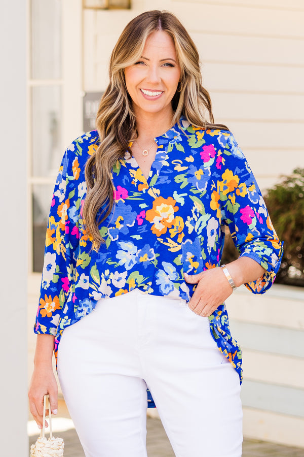 Chic Soul plus size clothing, three quarter sleeve royal blue top with multi floral design with v cutout along neckline