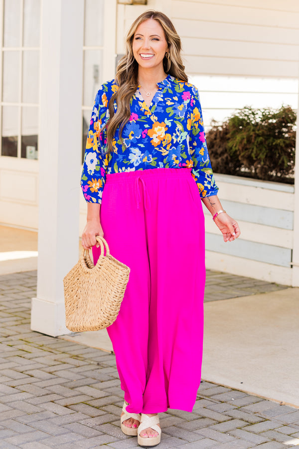 Chic Soul plus size clothing, three quarter sleeve royal blue top with multi floral design with v cutout along neckline