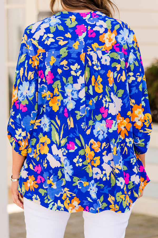 Chic Soul plus size clothing, three quarter sleeve royal blue top with multi floral design with v cutout along neckline