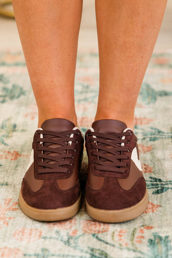 Chic Soul plus size clothing, brown and white sneakers with tan gum sole and suede overlays and brown lace closure